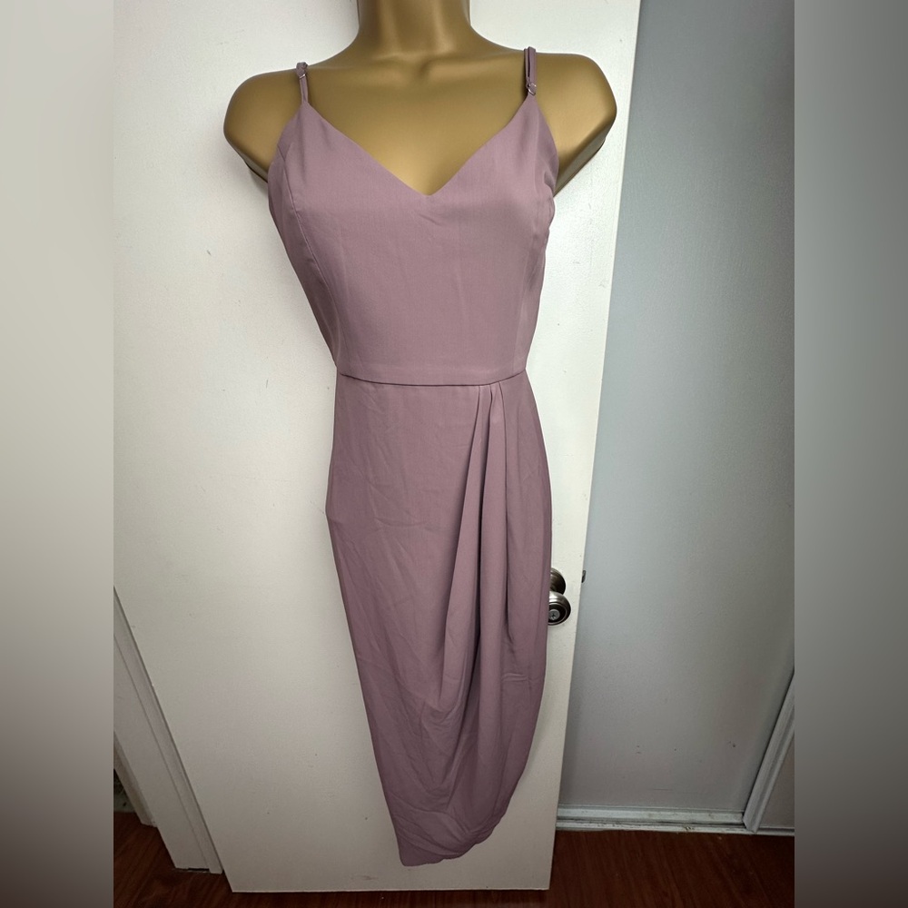 Lulus Mauve Purple Reinette Faux Wrap Silhouette Asymmetrical Midi Dress NWT M - Picture 5 of 16